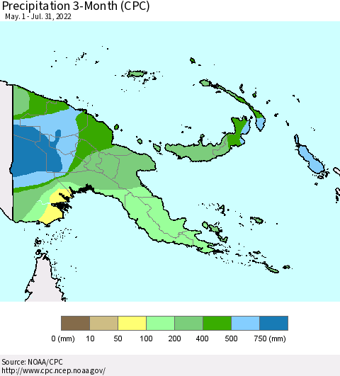 Papua New Guinea Precipitation 3-Month (CPC) Thematic Map For 5/1/2022 - 7/31/2022