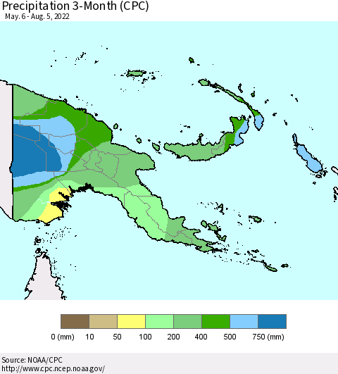 Papua New Guinea Precipitation 3-Month (CPC) Thematic Map For 5/6/2022 - 8/5/2022