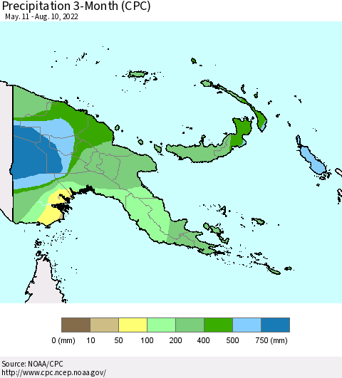 Papua New Guinea Precipitation 3-Month (CPC) Thematic Map For 5/11/2022 - 8/10/2022