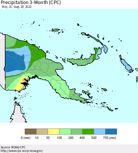 Papua New Guinea Precipitation 3-Month (CPC) Thematic Map For 5/21/2022 - 8/20/2022