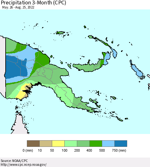 Papua New Guinea Precipitation 3-Month (CPC) Thematic Map For 5/26/2022 - 8/25/2022