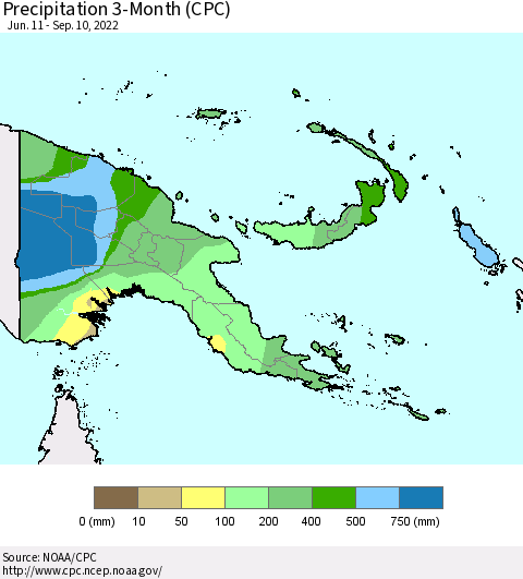 Papua New Guinea Precipitation 3-Month (CPC) Thematic Map For 6/11/2022 - 9/10/2022