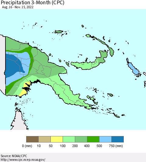 Papua New Guinea Precipitation 3-Month (CPC) Thematic Map For 8/16/2022 - 11/15/2022