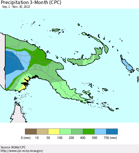 Papua New Guinea Precipitation 3-Month (CPC) Thematic Map For 9/1/2022 - 11/30/2022