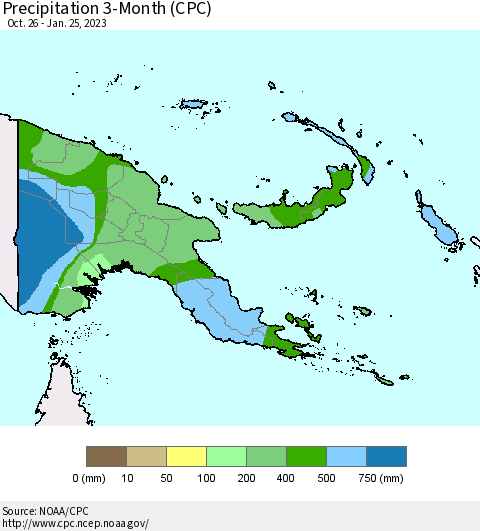 Papua New Guinea Precipitation 3-Month (CPC) Thematic Map For 10/26/2022 - 1/25/2023