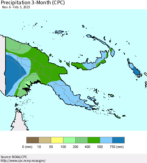 Papua New Guinea Precipitation 3-Month (CPC) Thematic Map For 11/6/2022 - 2/5/2023