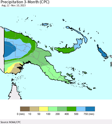 Papua New Guinea Precipitation 3-Month (CPC) Thematic Map For 8/11/2023 - 11/10/2023