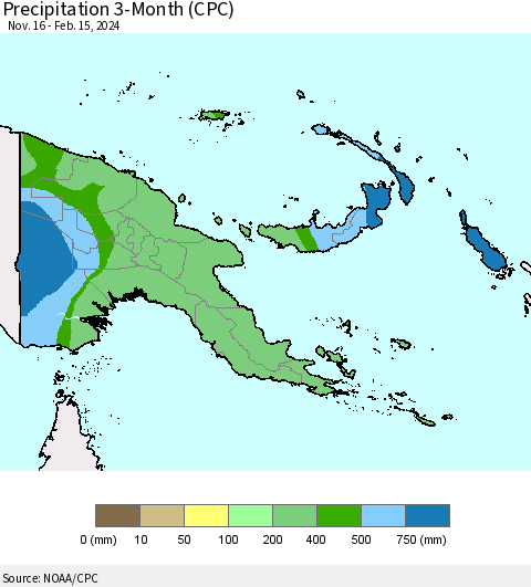 Papua New Guinea Precipitation 3-Month (CPC) Thematic Map For 11/16/2023 - 2/15/2024