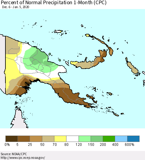 Papua New Guinea Percent of Normal Precipitation 1-Month (CPC) Thematic Map For 12/6/2019 - 1/5/2020