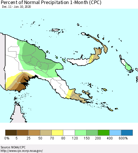 Papua New Guinea Percent of Normal Precipitation 1-Month (CPC) Thematic Map For 12/11/2019 - 1/10/2020