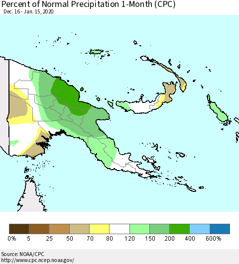 Papua New Guinea Percent of Normal Precipitation 1-Month (CPC) Thematic Map For 12/16/2019 - 1/15/2020