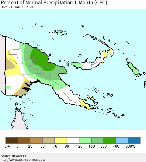 Papua New Guinea Percent of Normal Precipitation 1-Month (CPC) Thematic Map For 12/21/2019 - 1/20/2020