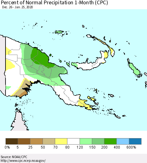 Papua New Guinea Percent of Normal Precipitation 1-Month (CPC) Thematic Map For 12/26/2019 - 1/25/2020