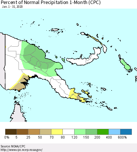 Papua New Guinea Percent of Normal Precipitation 1-Month (CPC) Thematic Map For 1/1/2020 - 1/31/2020