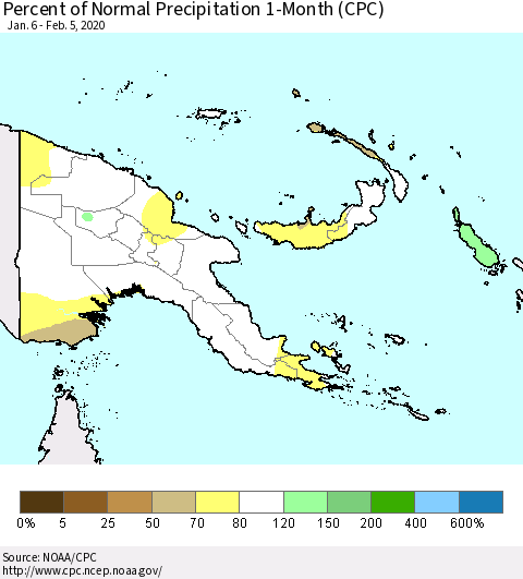 Papua New Guinea Percent of Normal Precipitation 1-Month (CPC) Thematic Map For 1/6/2020 - 2/5/2020