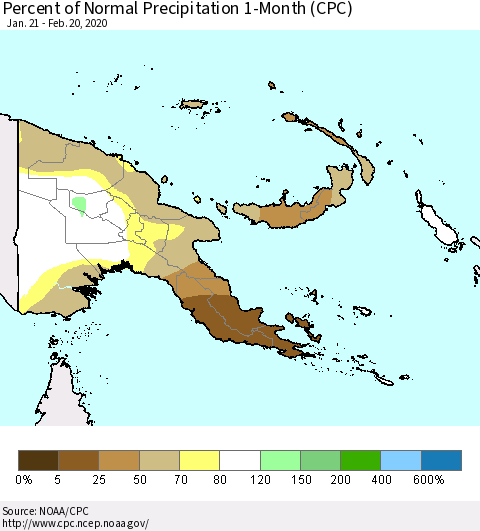 Papua New Guinea Percent of Normal Precipitation 1-Month (CPC) Thematic Map For 1/21/2020 - 2/20/2020
