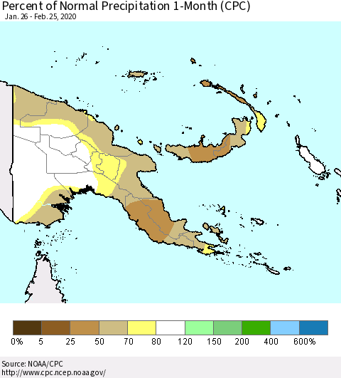 Papua New Guinea Percent of Normal Precipitation 1-Month (CPC) Thematic Map For 1/26/2020 - 2/25/2020