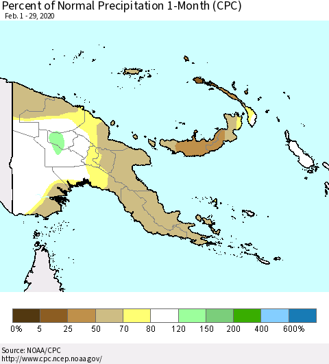 Papua New Guinea Percent of Normal Precipitation 1-Month (CPC) Thematic Map For 2/1/2020 - 2/29/2020