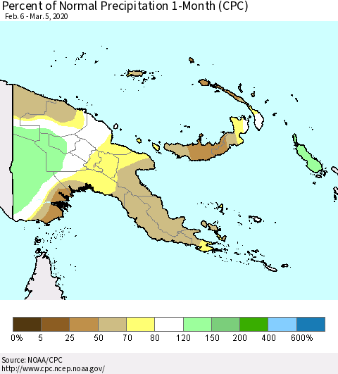Papua New Guinea Percent of Normal Precipitation 1-Month (CPC) Thematic Map For 2/6/2020 - 3/5/2020