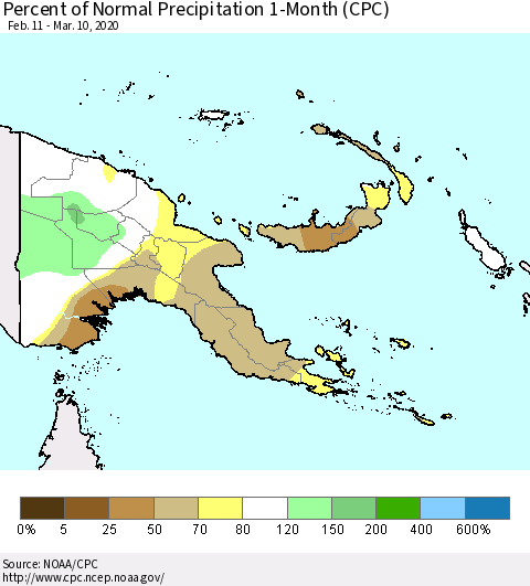 Papua New Guinea Percent of Normal Precipitation 1-Month (CPC) Thematic Map For 2/11/2020 - 3/10/2020