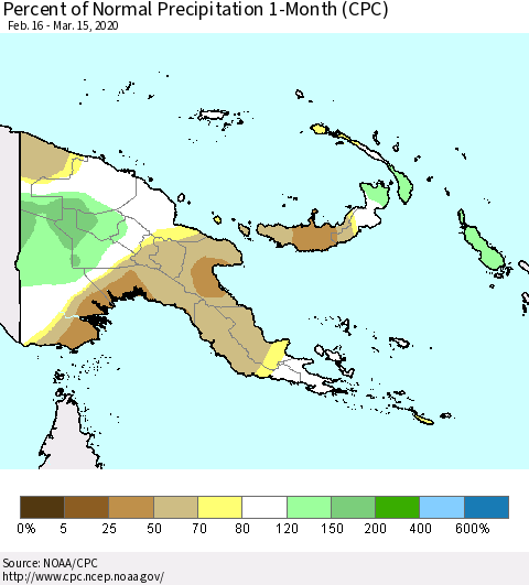 Papua New Guinea Percent of Normal Precipitation 1-Month (CPC) Thematic Map For 2/16/2020 - 3/15/2020