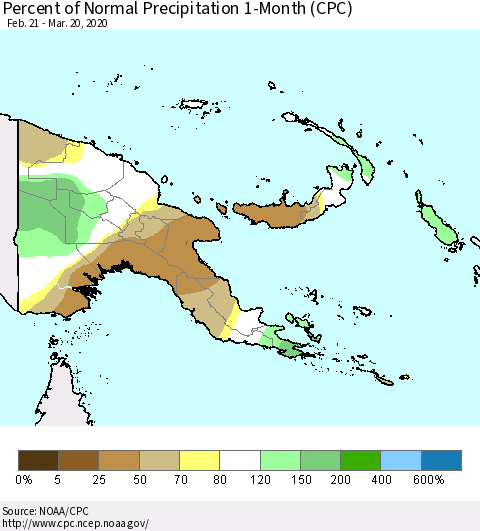 Papua New Guinea Percent of Normal Precipitation 1-Month (CPC) Thematic Map For 2/21/2020 - 3/20/2020
