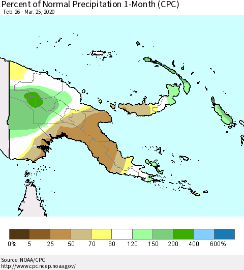 Papua New Guinea Percent of Normal Precipitation 1-Month (CPC) Thematic Map For 2/26/2020 - 3/25/2020