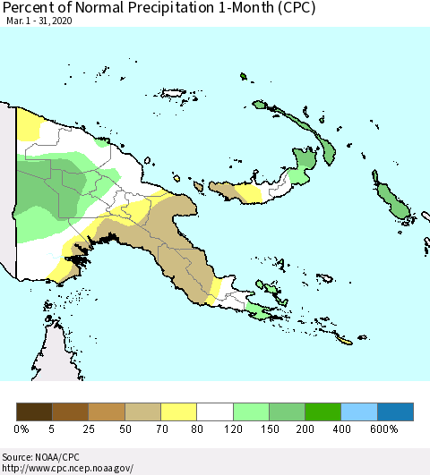 Papua New Guinea Percent of Normal Precipitation 1-Month (CPC) Thematic Map For 3/1/2020 - 3/31/2020