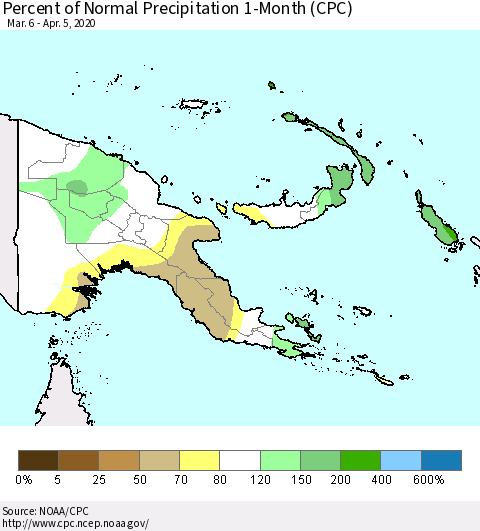 Papua New Guinea Percent of Normal Precipitation 1-Month (CPC) Thematic Map For 3/6/2020 - 4/5/2020