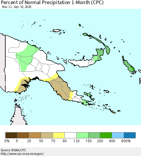 Papua New Guinea Percent of Normal Precipitation 1-Month (CPC) Thematic Map For 3/11/2020 - 4/10/2020
