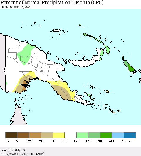 Papua New Guinea Percent of Normal Precipitation 1-Month (CPC) Thematic Map For 3/16/2020 - 4/15/2020