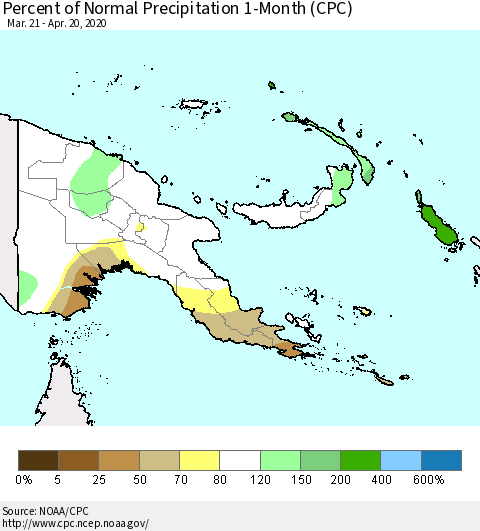 Papua New Guinea Percent of Normal Precipitation 1-Month (CPC) Thematic Map For 3/21/2020 - 4/20/2020