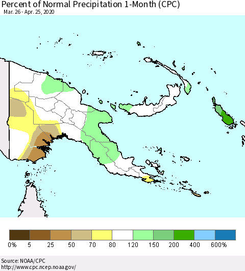 Papua New Guinea Percent of Normal Precipitation 1-Month (CPC) Thematic Map For 3/26/2020 - 4/25/2020
