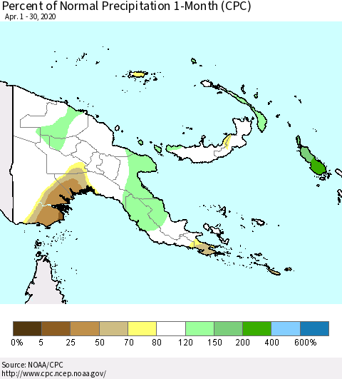 Papua New Guinea Percent of Normal Precipitation 1-Month (CPC) Thematic Map For 4/1/2020 - 4/30/2020