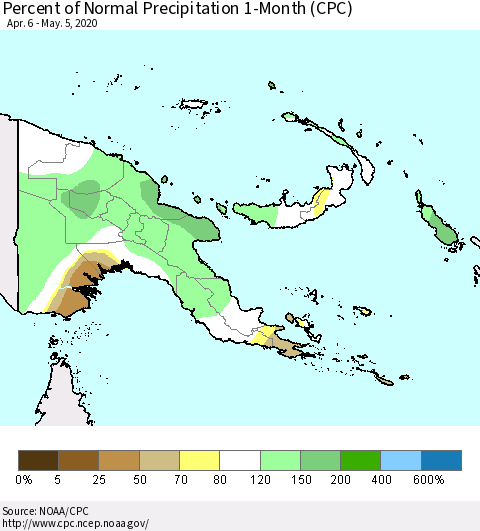 Papua New Guinea Percent of Normal Precipitation 1-Month (CPC) Thematic Map For 4/6/2020 - 5/5/2020