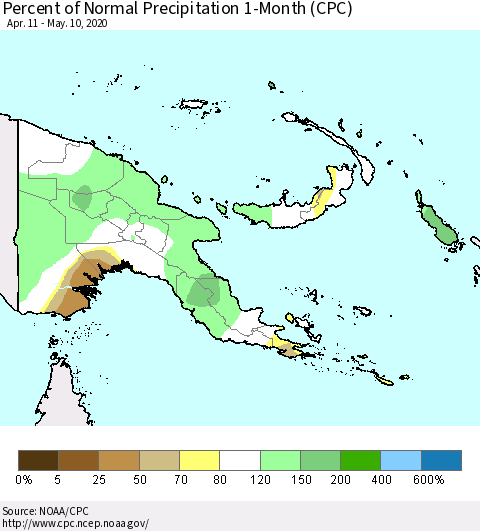 Papua New Guinea Percent of Normal Precipitation 1-Month (CPC) Thematic Map For 4/11/2020 - 5/10/2020