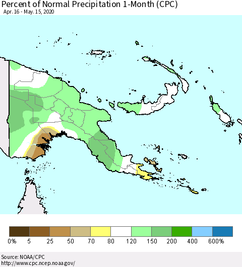 Papua New Guinea Percent of Normal Precipitation 1-Month (CPC) Thematic Map For 4/16/2020 - 5/15/2020
