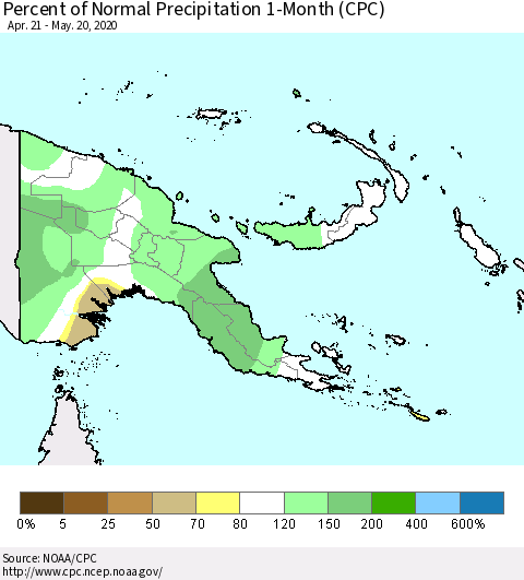 Papua New Guinea Percent of Normal Precipitation 1-Month (CPC) Thematic Map For 4/21/2020 - 5/20/2020
