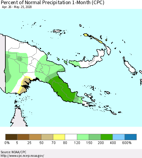 Papua New Guinea Percent of Normal Precipitation 1-Month (CPC) Thematic Map For 4/26/2020 - 5/25/2020