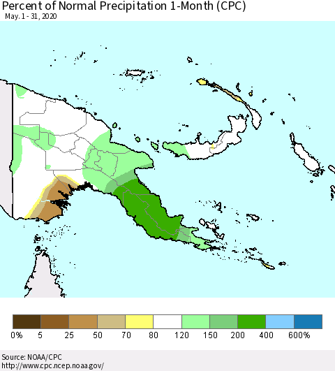 Papua New Guinea Percent of Normal Precipitation 1-Month (CPC) Thematic Map For 5/1/2020 - 5/31/2020
