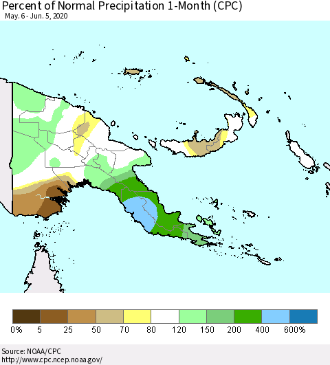 Papua New Guinea Percent of Normal Precipitation 1-Month (CPC) Thematic Map For 5/6/2020 - 6/5/2020