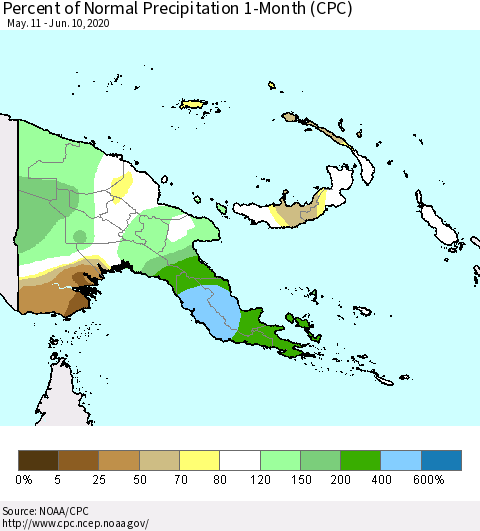 Papua New Guinea Percent of Normal Precipitation 1-Month (CPC) Thematic Map For 5/11/2020 - 6/10/2020