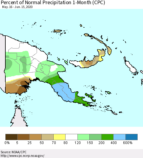 Papua New Guinea Percent of Normal Precipitation 1-Month (CPC) Thematic Map For 5/16/2020 - 6/15/2020