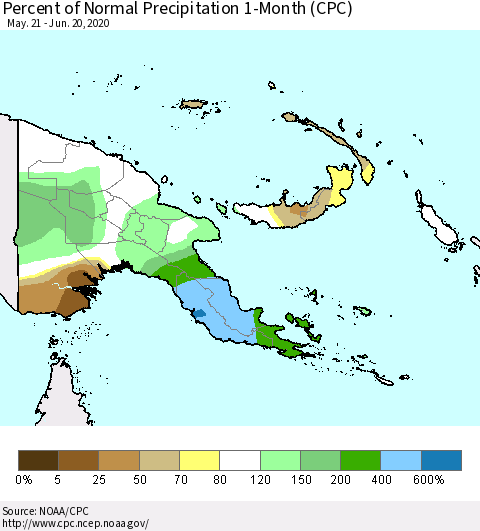 Papua New Guinea Percent of Normal Precipitation 1-Month (CPC) Thematic Map For 5/21/2020 - 6/20/2020