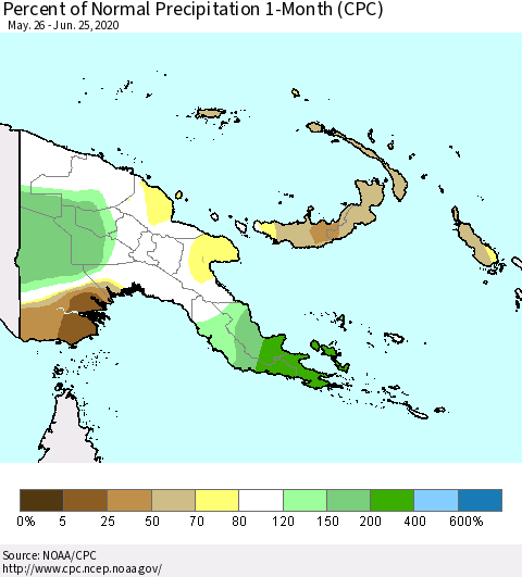 Papua New Guinea Percent of Normal Precipitation 1-Month (CPC) Thematic Map For 5/26/2020 - 6/25/2020