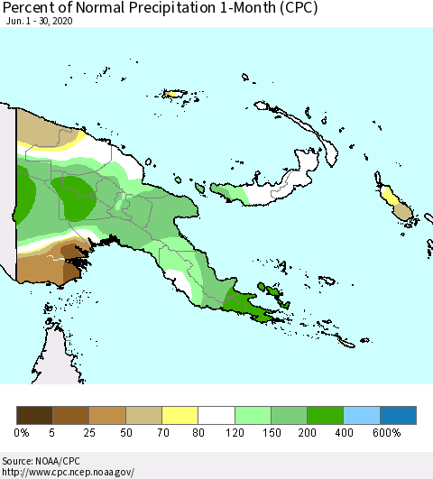 Papua New Guinea Percent of Normal Precipitation 1-Month (CPC) Thematic Map For 6/1/2020 - 6/30/2020