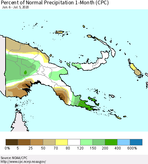 Papua New Guinea Percent of Normal Precipitation 1-Month (CPC) Thematic Map For 6/6/2020 - 7/5/2020
