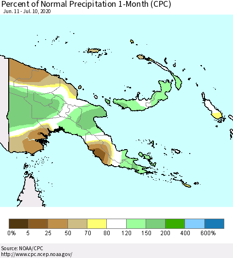 Papua New Guinea Percent of Normal Precipitation 1-Month (CPC) Thematic Map For 6/11/2020 - 7/10/2020