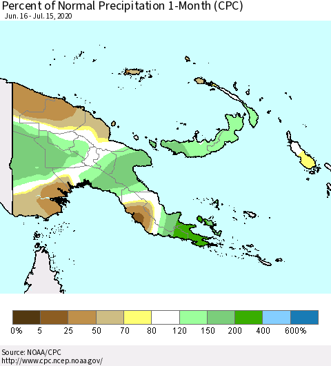 Papua New Guinea Percent of Normal Precipitation 1-Month (CPC) Thematic Map For 6/16/2020 - 7/15/2020