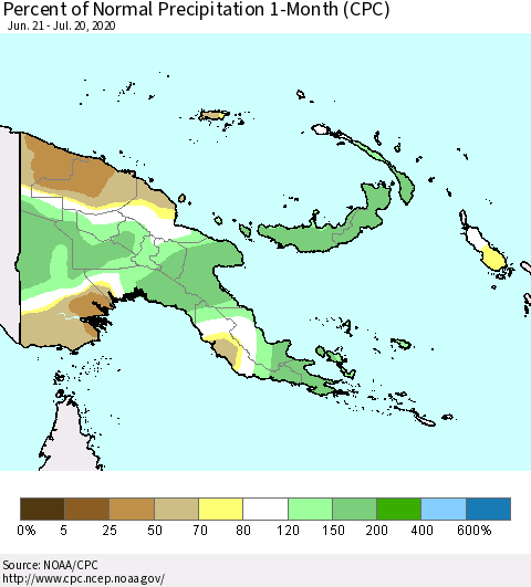 Papua New Guinea Percent of Normal Precipitation 1-Month (CPC) Thematic Map For 6/21/2020 - 7/20/2020